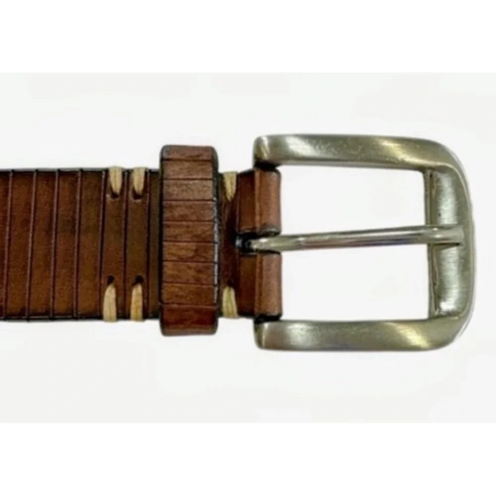 Tehama Mens Leather Belt Brown 39-44 Textured Ribbed Silver Buckle Heritage